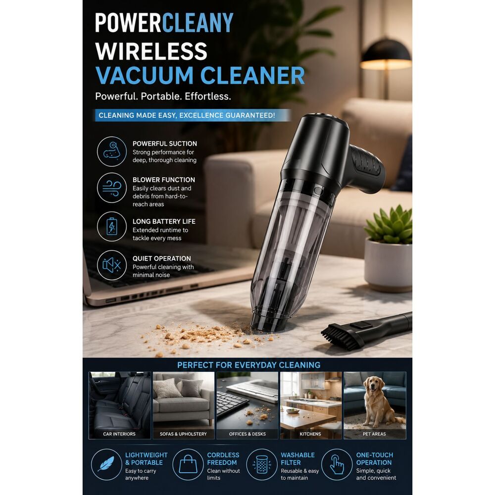 POWERCLEANY™ HANDHELD VACUUM CLEANER Wireless and Rechargeable
